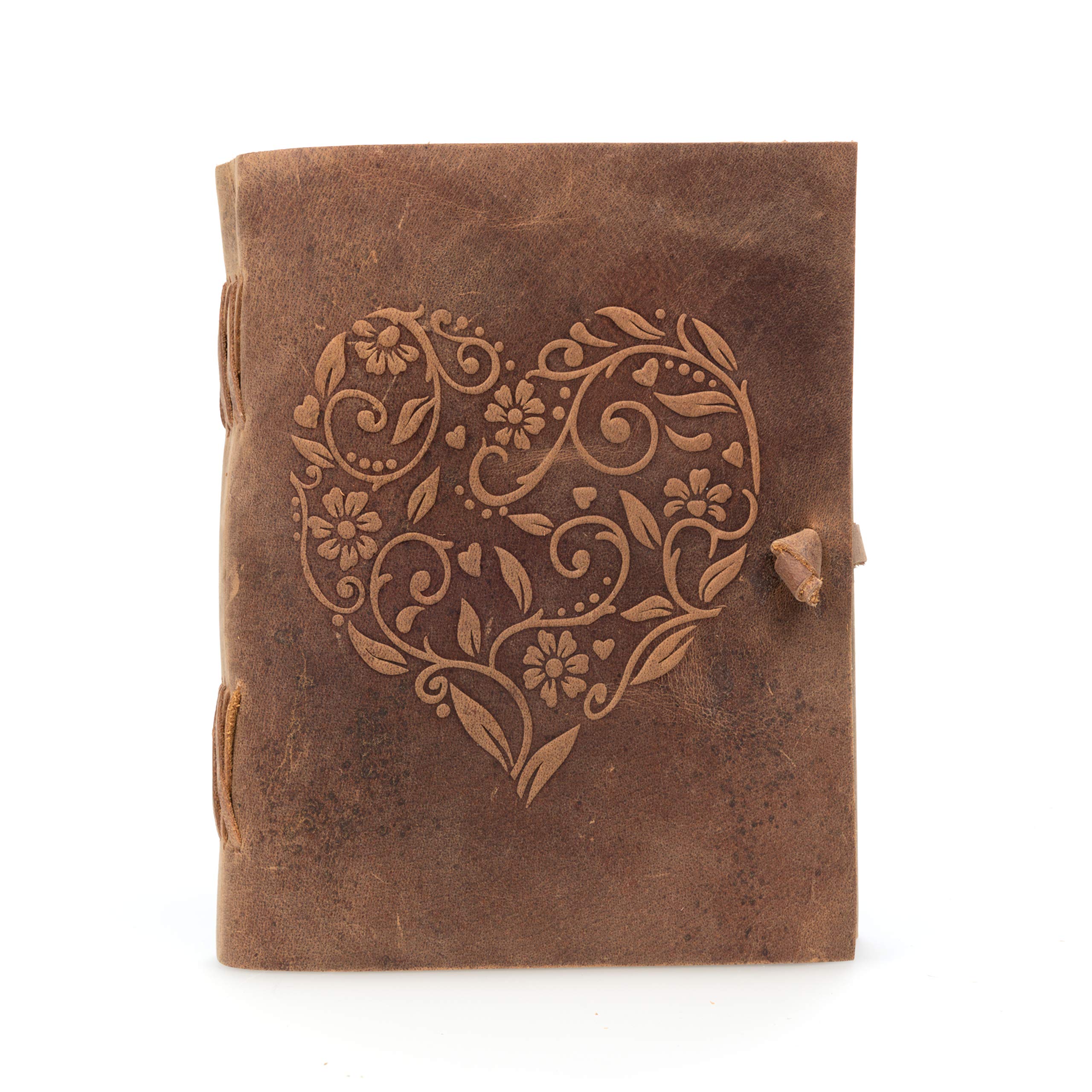 moonster Vintage Leather Journal Notebook Embossed Heart Cover – Refillable Leather Bound Writing Journal for Journaling, Drawing Sketchbook, Diaries, Travel Size Notebook for Men & Women, Unlined 7x5