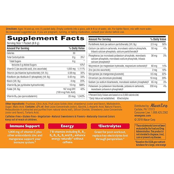 EMERGEN-C 1000MG VITAMIN C IMMUNE SUPPORT POWDER STRAWBERRY KIWI 30CT INCLUDES ZINC, MANGANESE, 7 B VITAMINS AND ELECTROLYTES FOR BACK TO SCHOOL ESSENTIALS