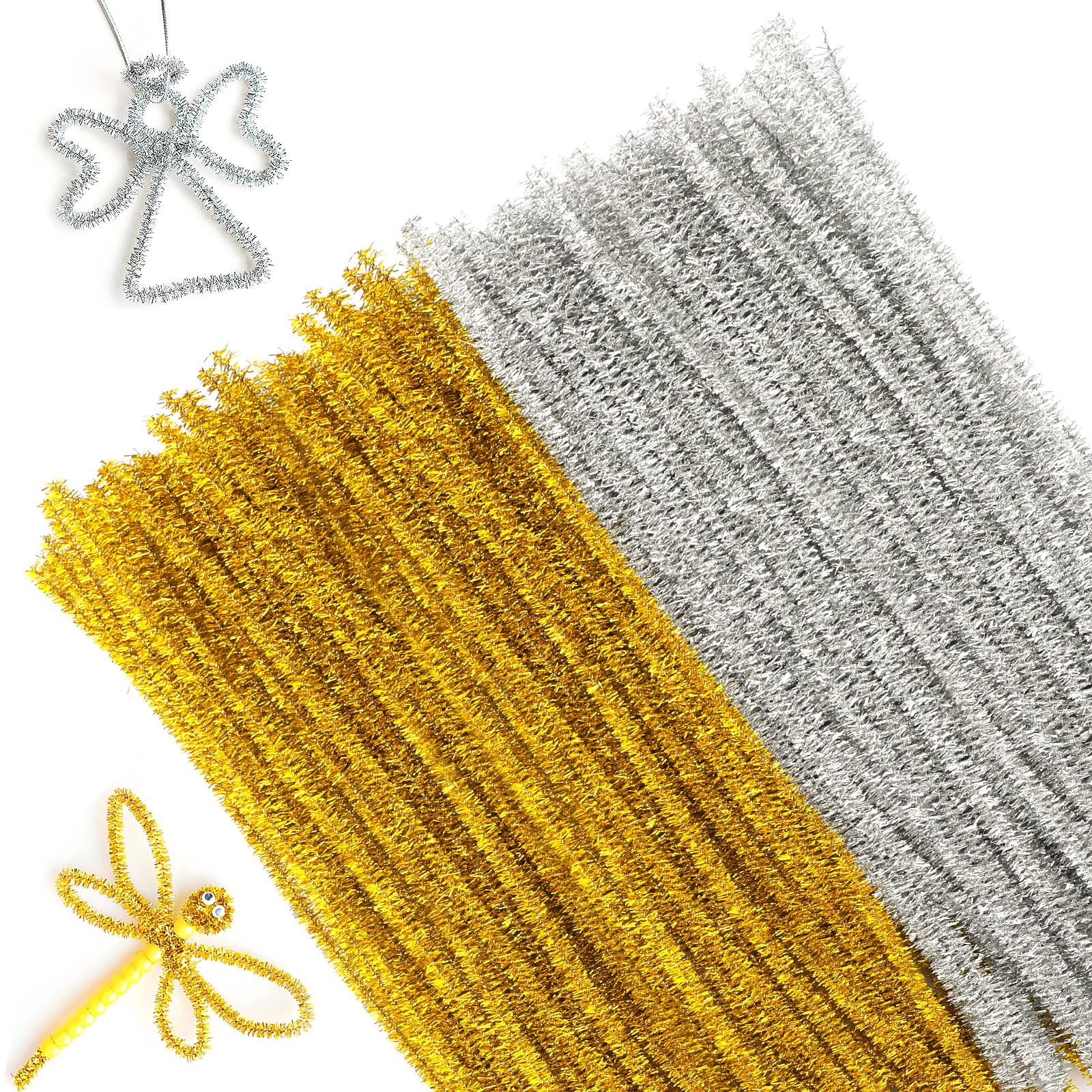 G2PLUS Gold & Silver Glitter Pipe Cleaners - 100 Pcs, 30cm, 6mm for Craft & Christmas Ornament Making