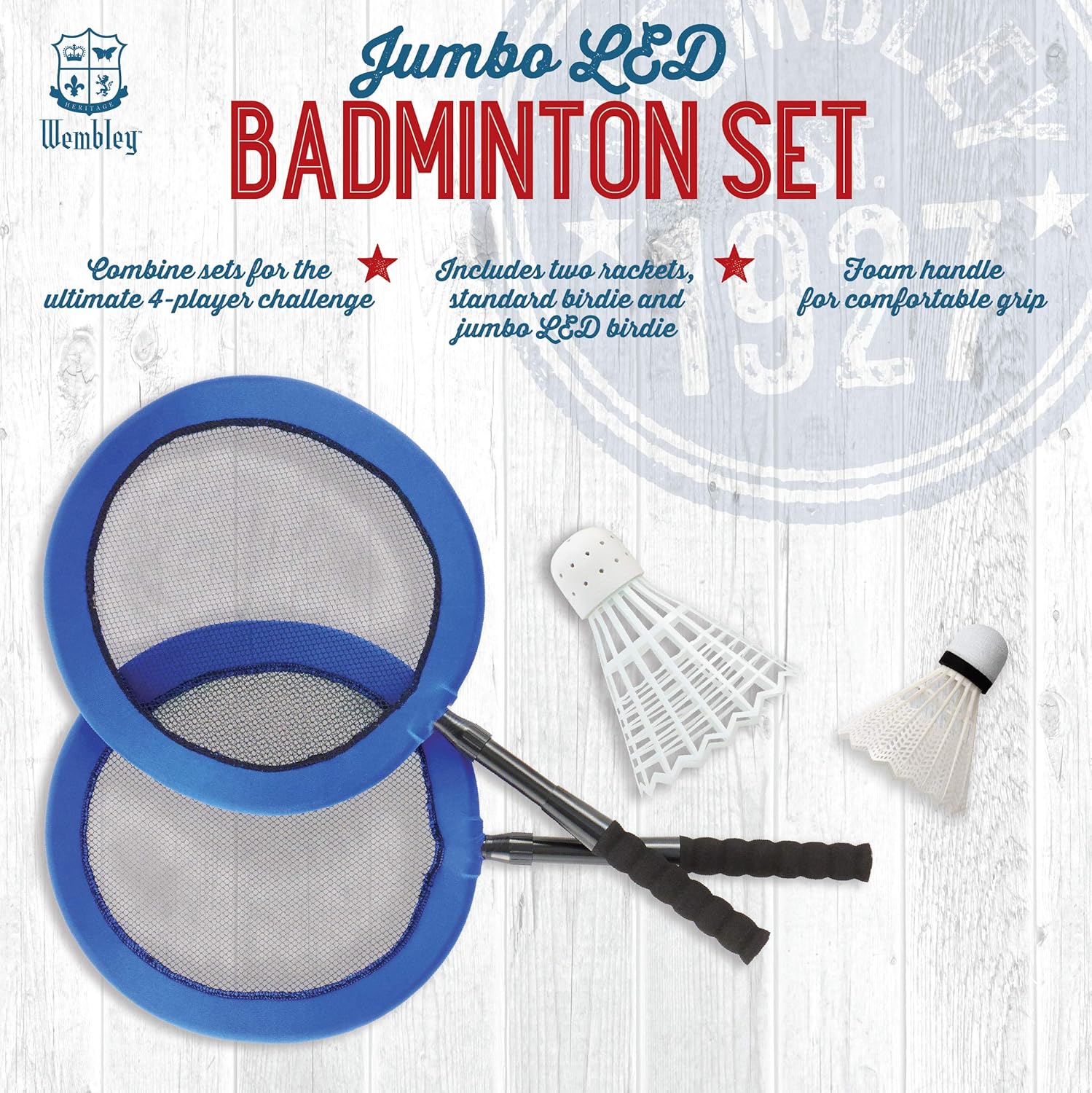 Wembley Complete Badminton Set with Two Collapsible Rackets, Jumbo LED Birdie and Standard Shuttlecock, Best Backyard and Beach Games Fun for Kids and Adults, Extra Large Bird Lights Up for Night Play : Sports & Outdoors
