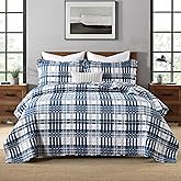 AJOCCI Quilts Queen Size, Cotton Queen Size Comforter Set, Blue White Striped Bedding Sets, Plaid Queen Bedspread,Striped Bed Set Lightweight Reversible All Season 3 Piece