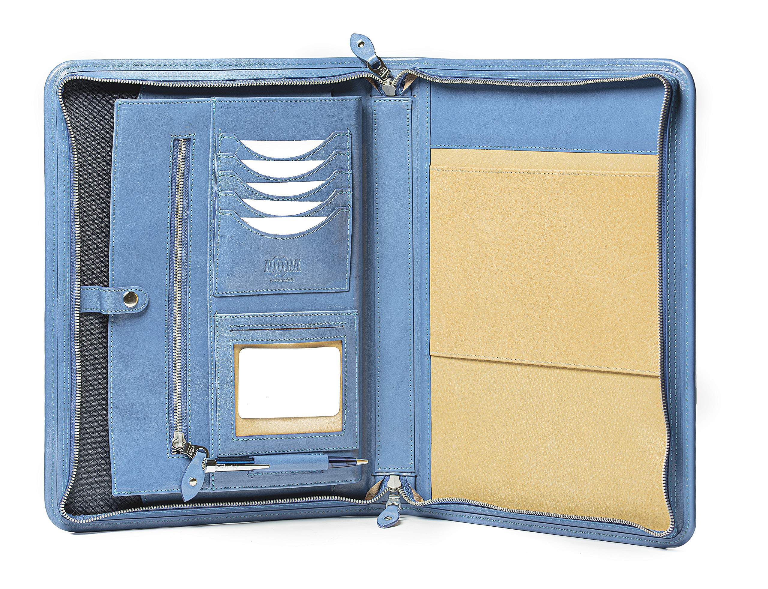 Italian Genuine Leather Zipped Business Conference A4 Folder Padfolio (Light Blue)