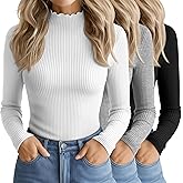 Oakgarden 3 Pack Women's Cotton Long Sleeve Mock Turtleneck Tops Ribbed Lettuce Trim Slim Fit Shirts Thermal Base Layer(Black, White, Heather Light Gray,X-Large)