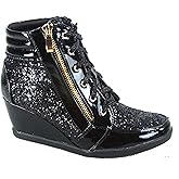 Forever Link Women's Fashion Glitter High Top Lace Up Wedge Sneaker Shoes