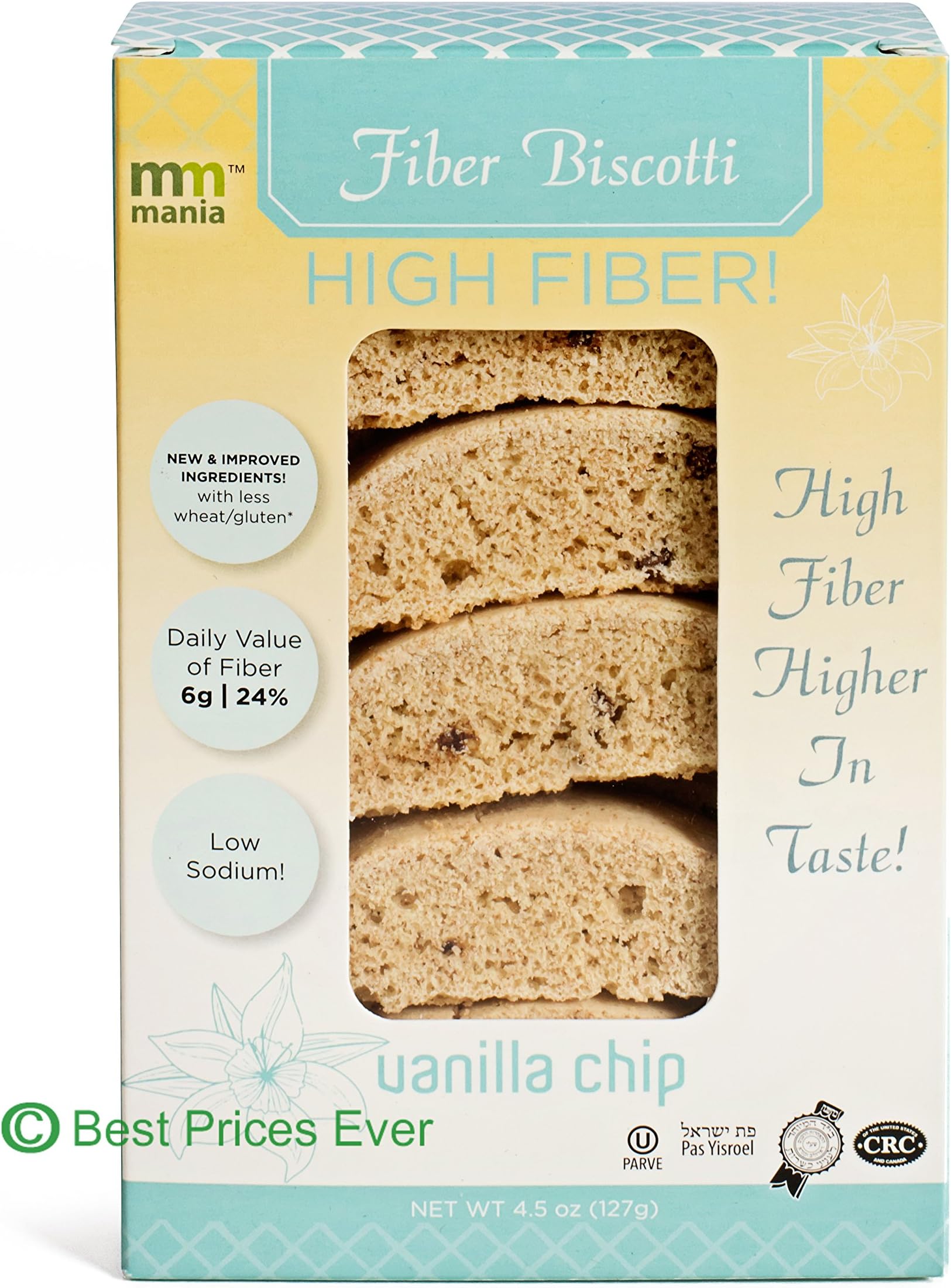 mm mania Vanilla Chip Biscotti Cookies, High Fiber Biscotti, Great For Diets!, 4.5 Oz, Kosher Biscotti, Low Calorie Snack Compared: Nonni's Biscotti, Best Seller Biscotti, Kosher Yoshon