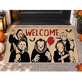 Pycat Welcome Halloween Horror Movie Characters Decorative Front Door Mat | Bloody Doormat Indoor Outdoor Non-Slip Floor Entryway Rug, Scary Bats Balloon Home Kitchen Decoration 17x29 Inches