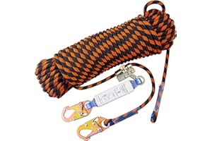 DIJJIG Rope Harness Safety Lanyard 25ft Vertical Roofing Rope With Grab Snap Hooks Shock Absorber Fall Protection Tree Climbing Line Kit Heavy Duty Roof Safety Equipment ANSI CE