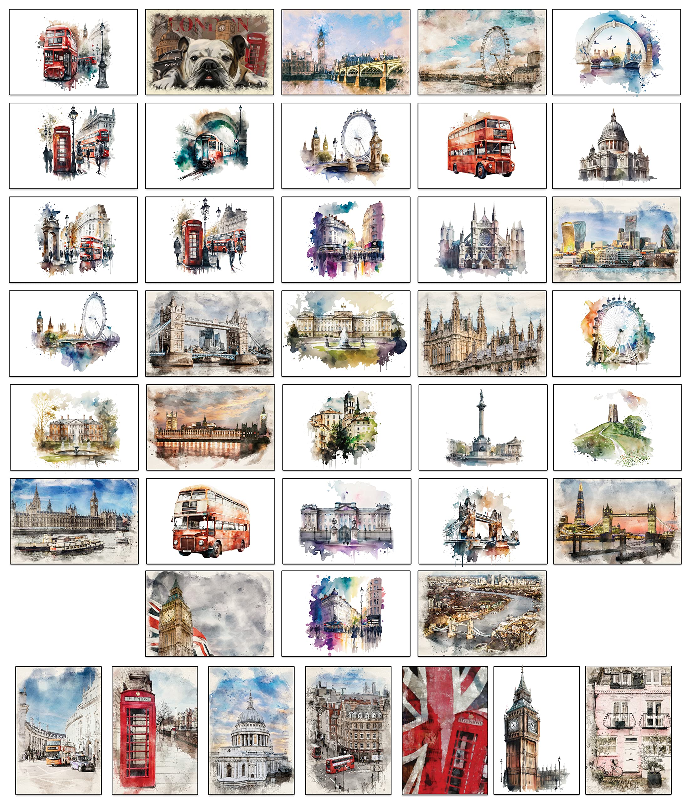 40 London in Watercolours Postcards - 40 Different London Inspired Designs Printed on Bright Thick Card