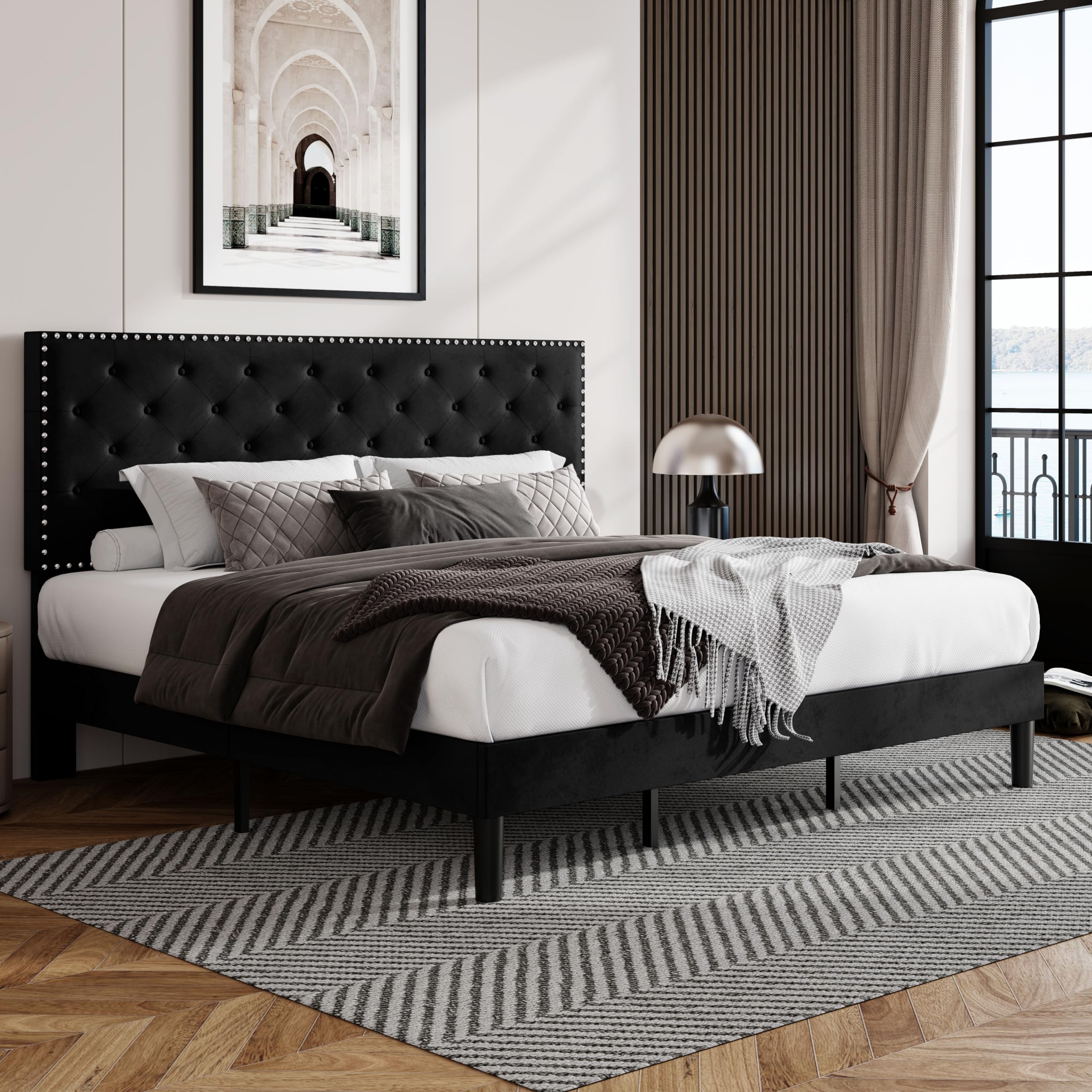 Allewie King Size Velvet Upholstered Platform Bed Frame with Adjustable Diamond Button Tufted and Nailhead Trim Headboard, Wood Slat Support, Easy Assembly, No Box Spring Needed, Black Image
