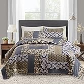 3 Pieces Patchwork Quilt Set Full/Queen Size, Khaki Blue Farmhouse Bedspread Coverlet Set, Soft Microfiber Reversible Lightweight Bed Cover for All Season (90" x 90", 1 Quilt+ 2 Pillow Shams)