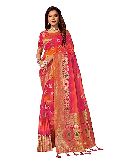 Women's Banarasi Silk Jacquard Saree with Blouse Piece (Orange and Pink)