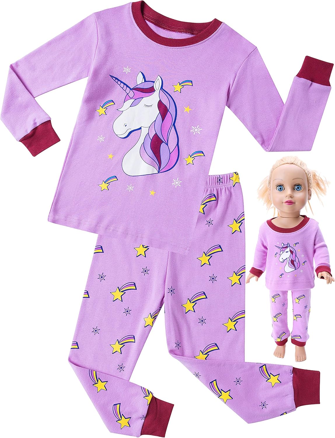 Pijama de unicornio para niñas, ropa de dormir a juego de muñecas y pijamas 100 algodón PJS