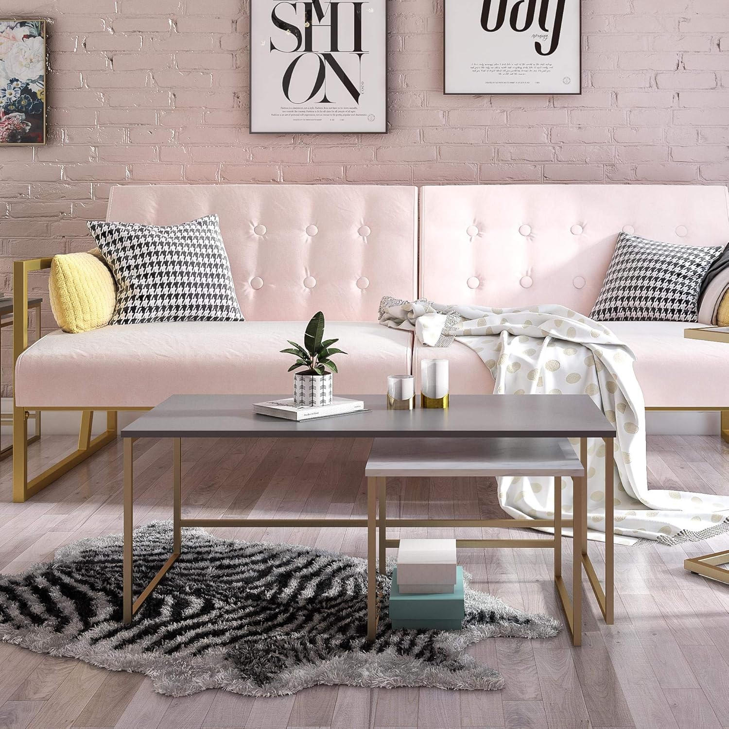 CosmoLiving Scarlett Nesting Tables, White Marble and Natural: Furniture & Decor