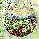 8 Inch Mountain Wildflowers Stained Glass Suncatcher, Suncatchers for Windows Hanging, Window Decor, Grandma Mom Gift for Her, Mother's Day Christmas Birthday