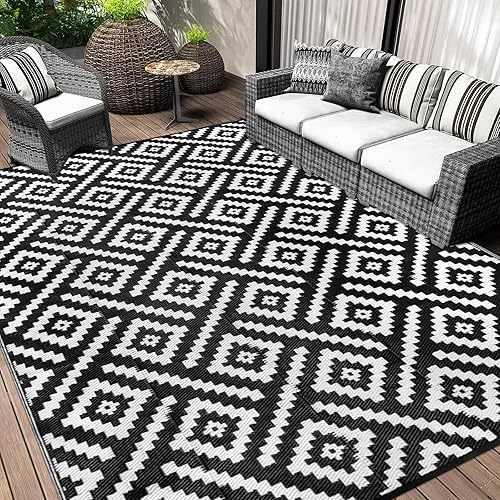 Cekene Outdoor Rug for Garden Waterproof Black 245x305cm Patio Rugs Reversible RV Camping Mat Lightweight Plastic Portable Outdoor Carpet for Picnic Porch Deck Backyard BBQ Beach