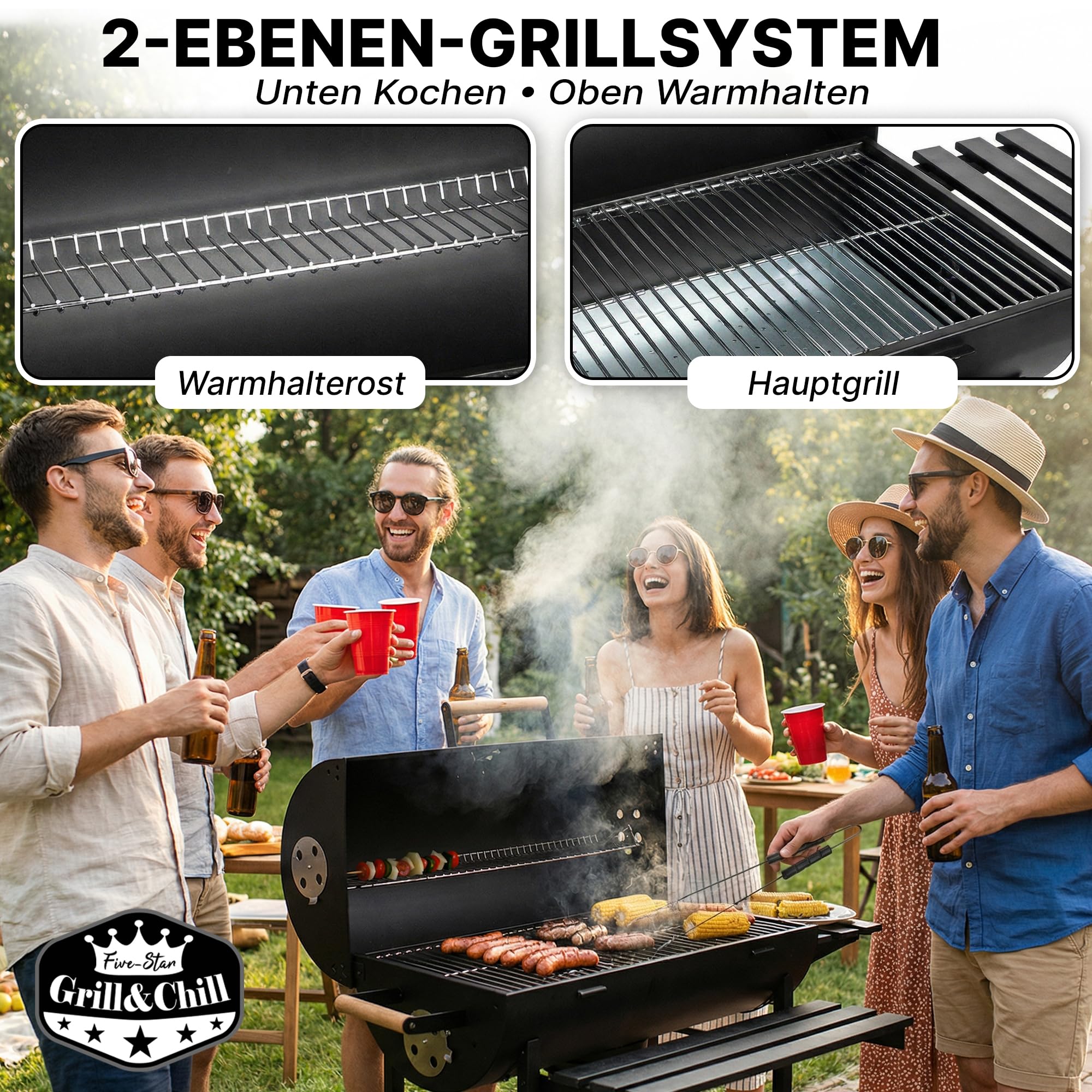 Five-Star Grill&Chill Holzkohlegrill mit Deckel – Großer Grillwagen mit Chromrost 71×35 cm & Thermometer – Für Garten & Terrasse – Aschekasten, Lüftungsöffnungen, 2 Räder 4