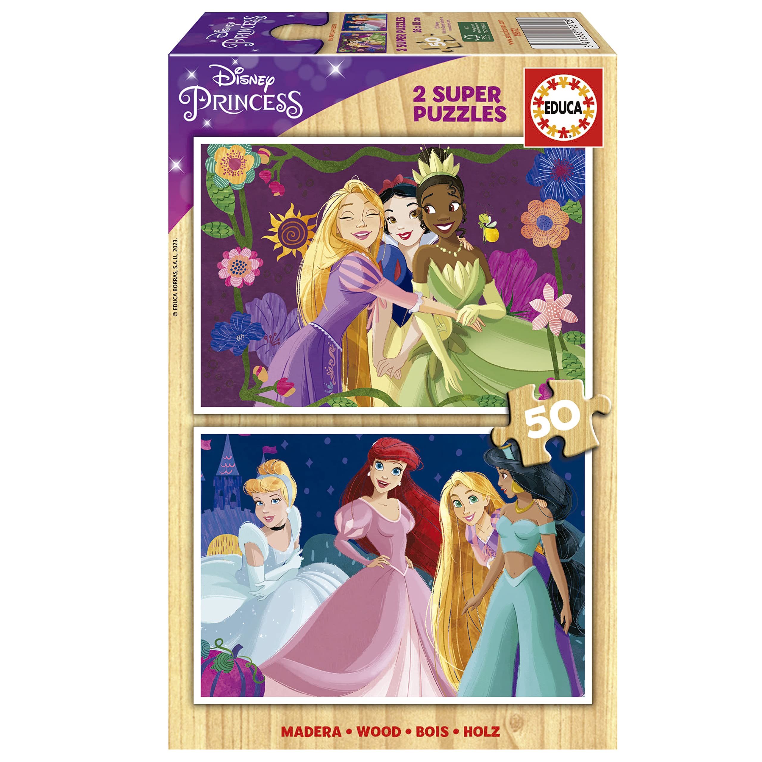 Educa - Disney Princess | Set of 2 Children's Wooden Puzzles with 50 Pieces each. Measures once assembled: 28 x 20 cm. Composed of Large Perfectly Finished Pieces. + 5 Years (19672)