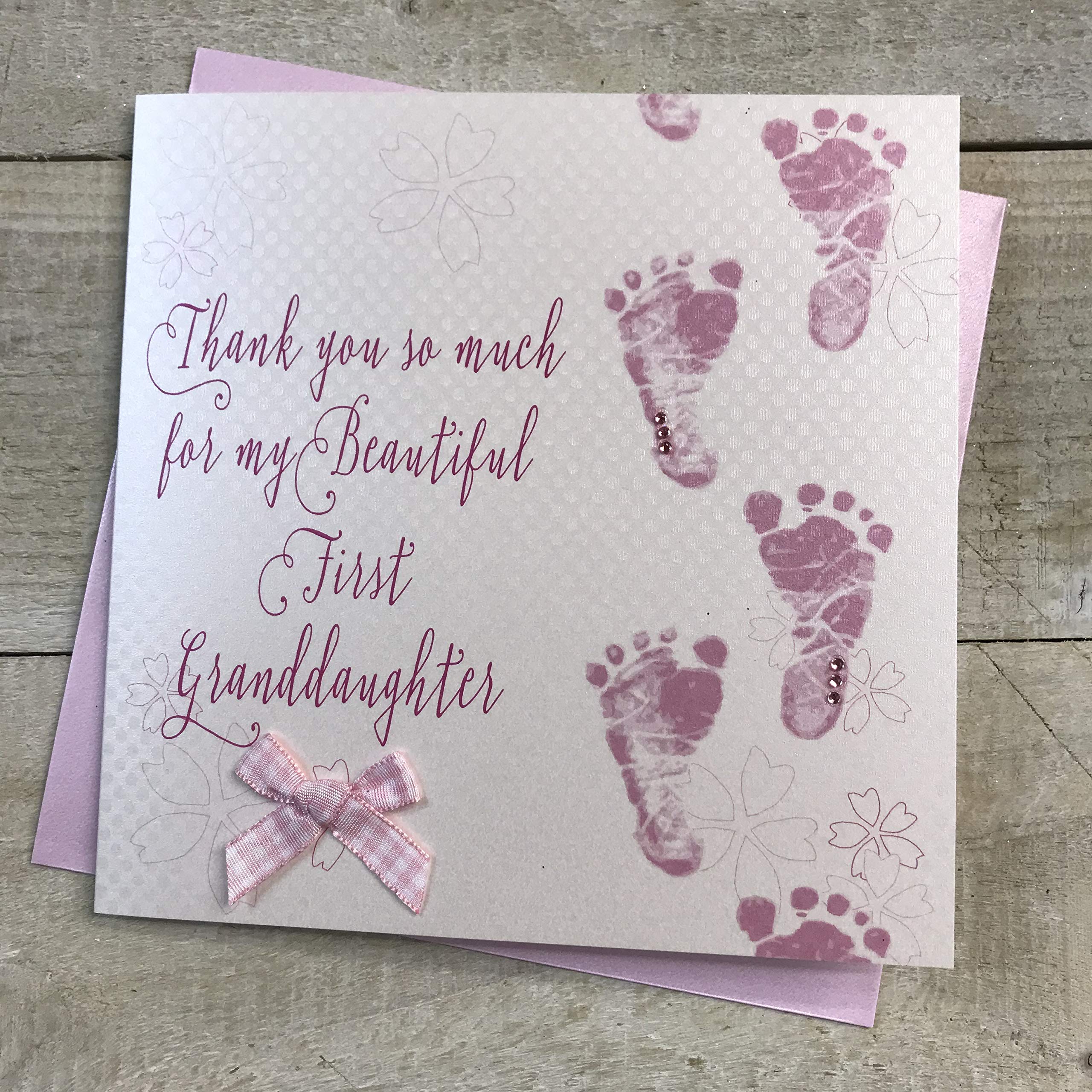 WHITE COTTON CARDS Welcome to my 1st Granddaughter handmade Baby card- Pink Footprints WB301-MY