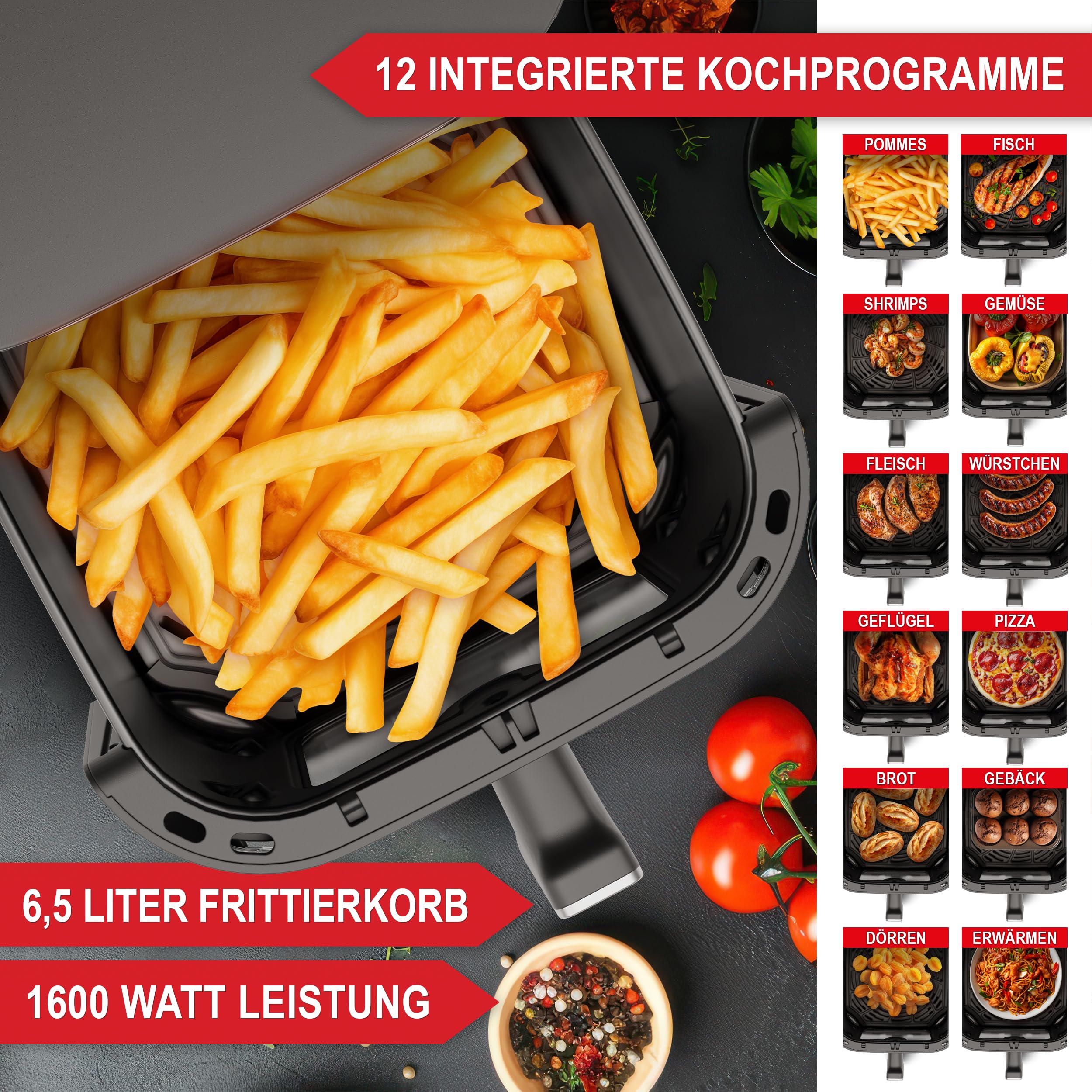 ONBEST Heißluftfritteuse mit großem Sichtfenster & 12 Kochprogrammen – XL Airfryer mit 6,5 Liter,1600 Watt PLUS 100x Backpapier – Frittieren ohne Öl für 2-5 Personen 2
