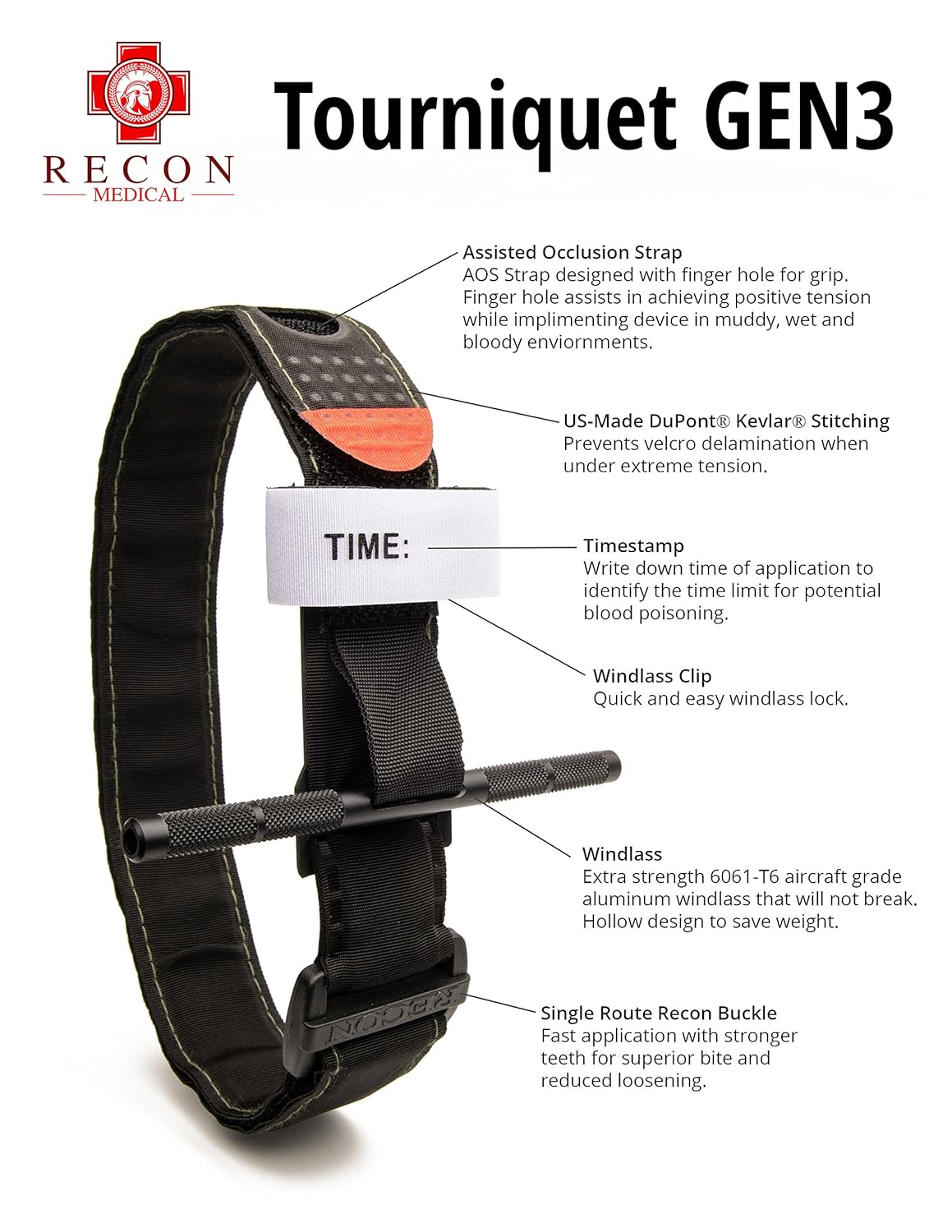 Recon Medical BLK-1PAK-FBA Tourniquet - (Black) Gen 3 Mil-Spec Kevlar Metal Windlass Aluminum First Aid Tactical Swat Medic Pre-Hospital Life Saving Hemorrhage Control Registration Card 1 Pack: Industrial & Scientific