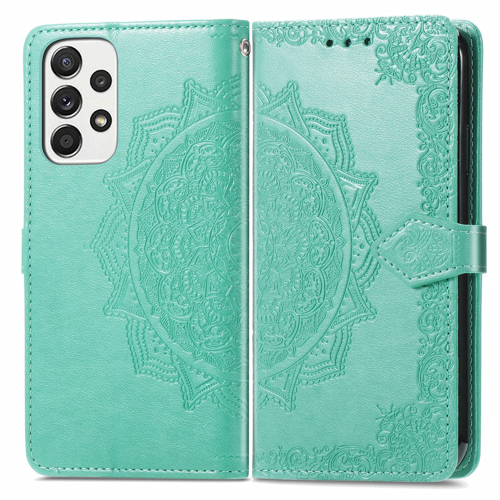 Samsung A32 Case Wallet, Shockproof Flip Folio PU Leather Phone Case Full Protection Book Design Mandala with Magnetic Stand Silicone Bumper Cover for Samsung Galaxy A32 Case Girls, Green