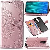Abuenora Funda para Xiaomi Redmi Note 8 Pro, Carcasa Libro con Tapa Flip Case Antigolpes Golpes Cartera PU Cuero Suave Soporte con Correa Cordel - Mandala Oro Rosa