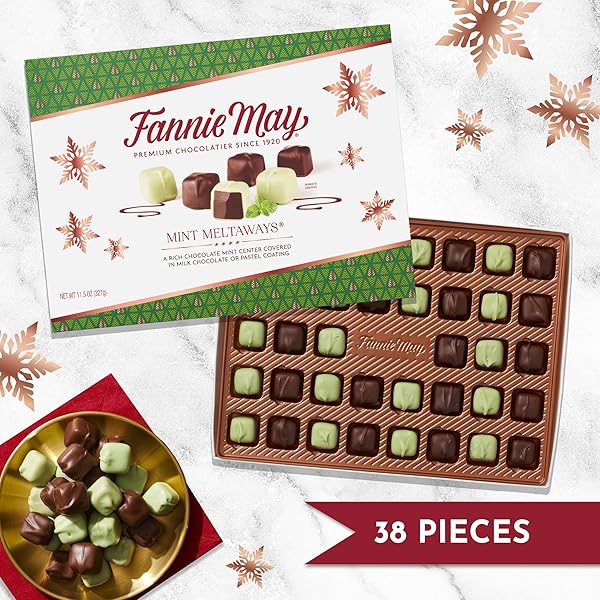 FANNIE MAY, PREMIUM MILK CHOCOLATE, MINT MELTAWAYS, HOLIDAY GIFT BOX, 14 OZ