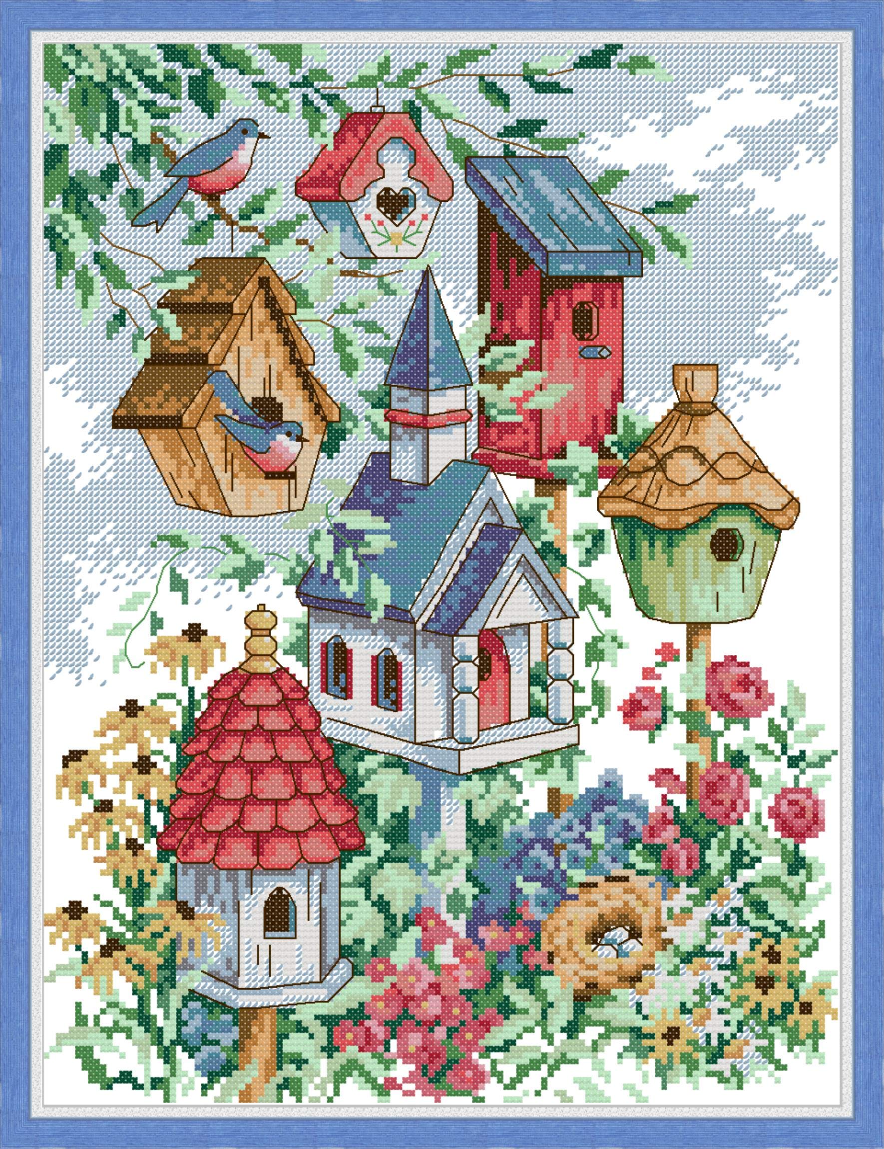 OWN4B Cross Stitch Kits Stamped, Bird's Home Printed Pattern 11CT 15.0x18.9 inch DIY Embroidery Kit