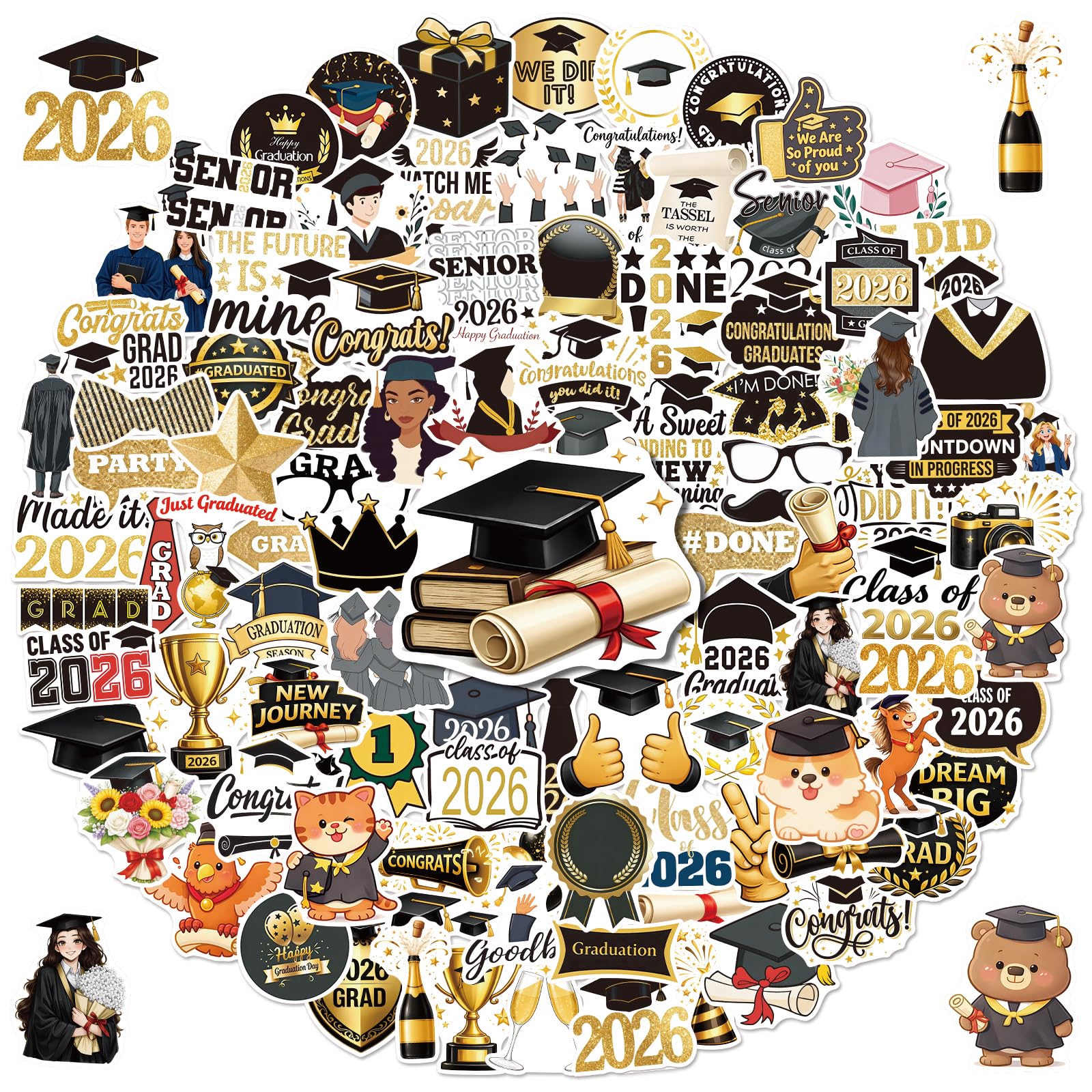 Anwyll 300Pcs Graduation Stickers 2026 - Class of 2026 Stickers Vinyl Graduation Water Bottle Sticker Bulk Self Adhesive Congrats Grad Cap Sticker for Senior College Grad Party Decor Scrapbook Laptop