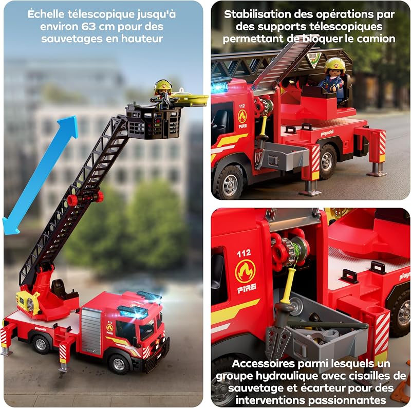 | City Action | Camion de Pompiers avec échelle | Véhicule d’Intervention avec échelle 63 cm, lumière, Son et Accessoires de Sauvetage | Dès 4 Ans | 72192