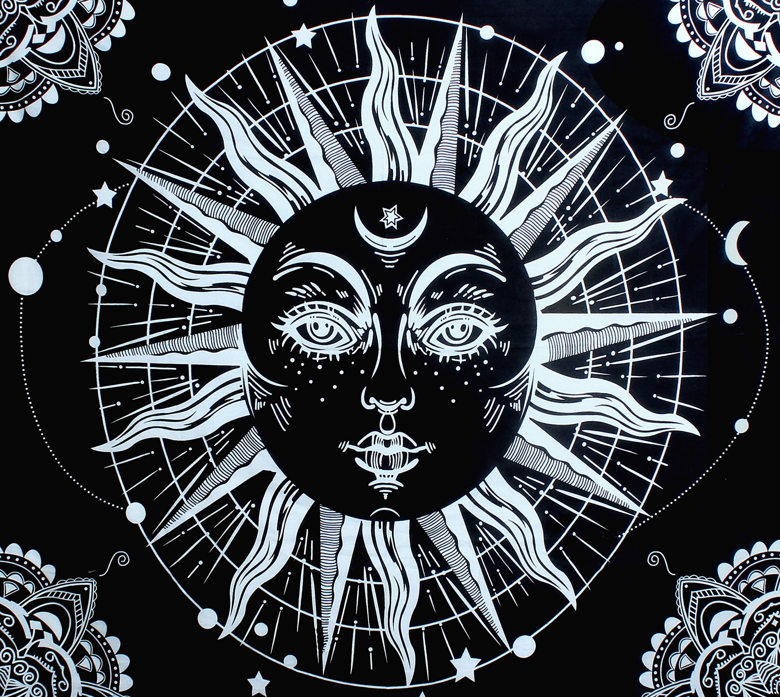 Kaizen Casa Sun Tapestry Burning Sun with Moon Star Wall Hanging Tapestry Black and White Wall Tapestry for Living Room Bedroom Dorm Room