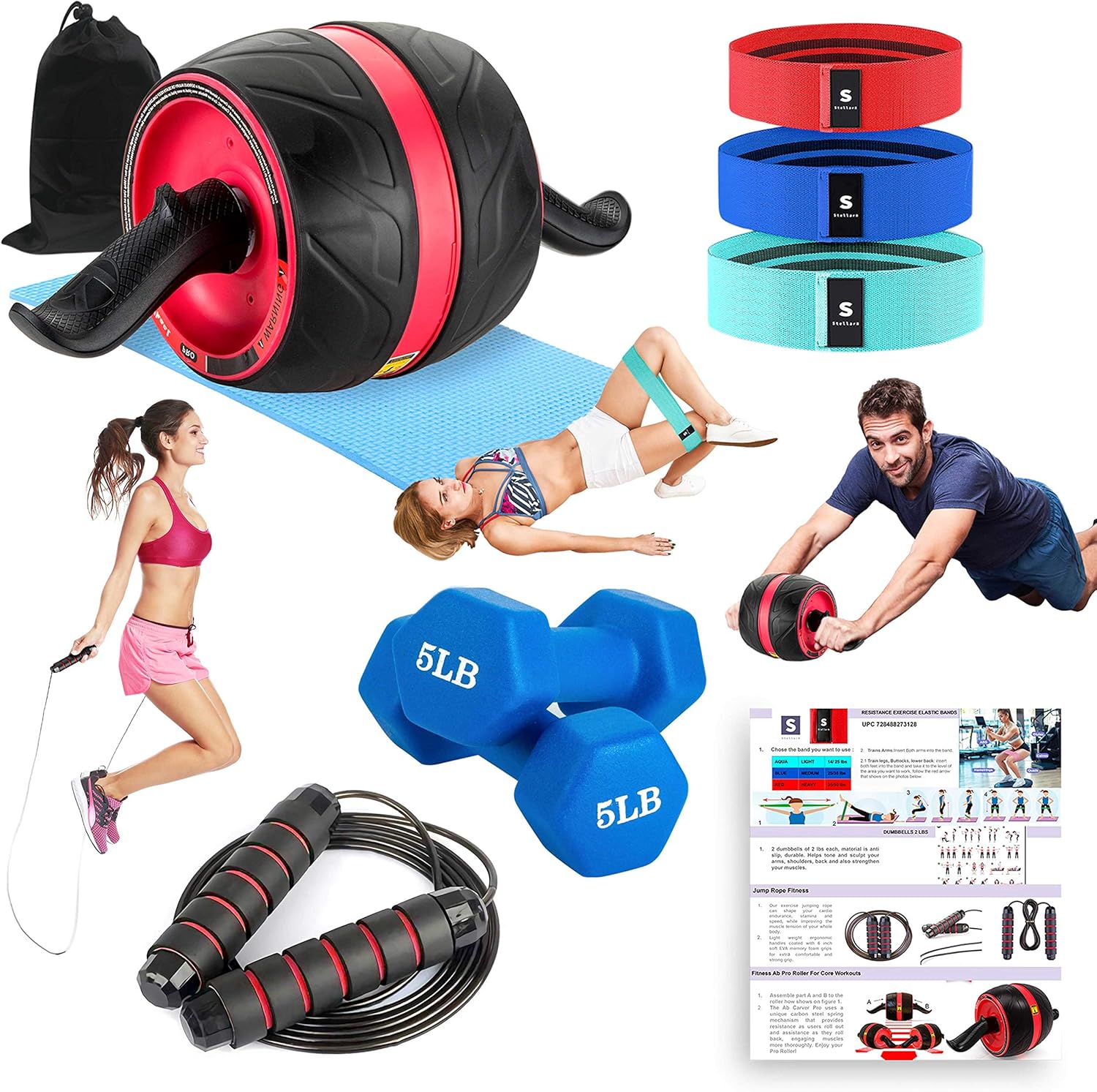 STELLARH Core Workout Home Gym Set! Full Body Workout Home Exercise Equipment with Ab Roller Wheel, 5lb Dumbbells Set of 2 Free Weights, Booty Band Fabric Resistance Bands and Jump Rope for Fitness : Sports & Outdoors