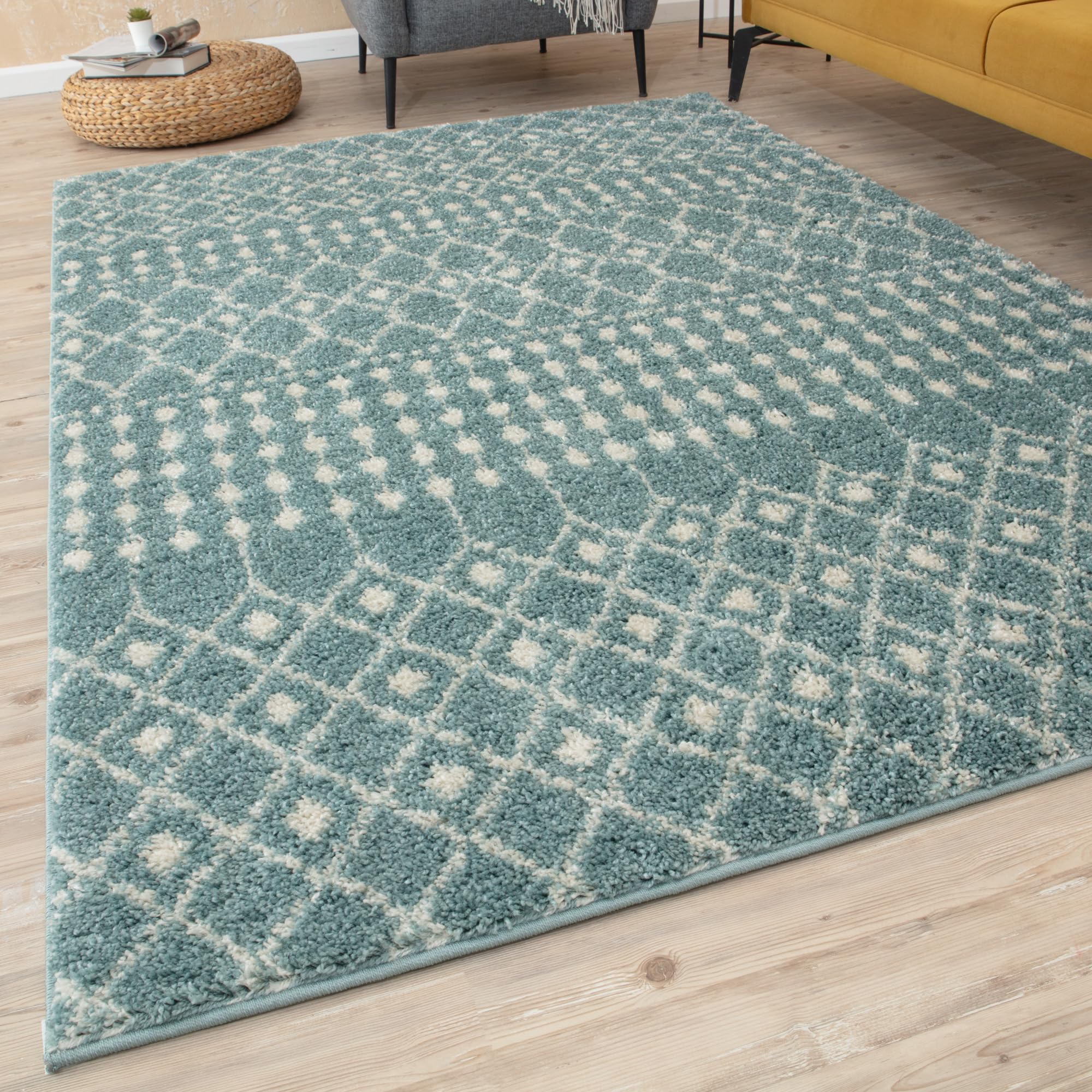 THE RUGS Modern Moroccan Design Living Room and Bedroom Rugs, Non-Shedding & Easy Care (Moroccan Duck Egg Blue/Ivory, 80x150 cm)