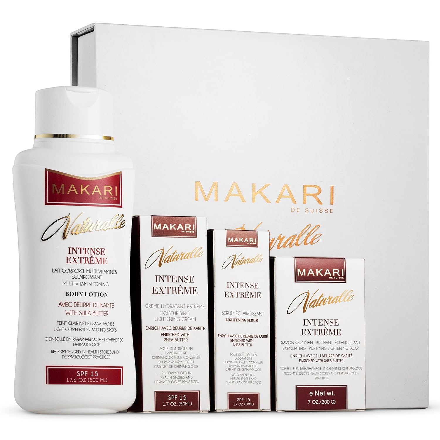 Makari Naturalle Intense Extreme Lightening, Toning & Moisturizing Gift Set - Includes Body Milk, Cream, Serum, Gel & Exfoliating Soap