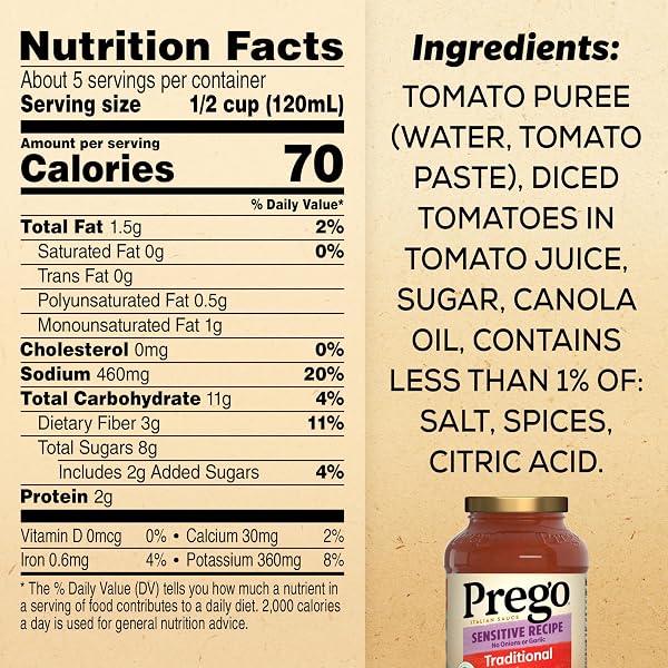 PREGO TRADITIONAL SENSITIVE RECIPE LOW FODMAP PASTA SAUCE, 23.75 OZ JAR (CASE OF 6)