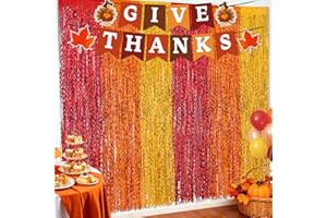 REDWORD Thanksgiving Decorations, 2Pack Thanksgiving Foil Fringe Backdrop Curtains with GIVE THANKS Banner for Thanks Giving Fall Party Decoration Wall Decor Photo Booth Props Fall Streamers, 3.3 x 6.6ft