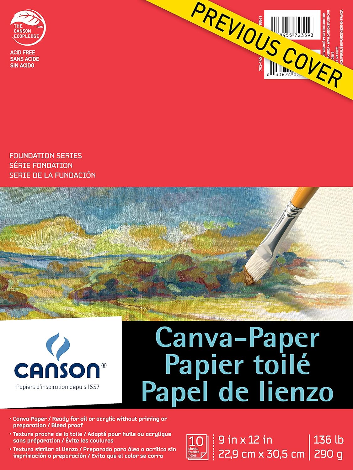 Canson 100510843 Foundation Series Canva-Paper Pad Primed for Oil or Acrylic Paints, Top Bound, 136 Pound, 16 x 20 Inch, 10 Sheets, 16" x 20", 0