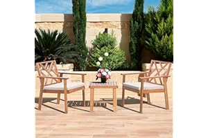 Werph 3 Piece Outdoor Patio Furniture Set, Wooden Conversation Patio Set with Padded Cushion Chairs and Coffee Table, Acacia Wood Lounge Conversation Set for Porch Balcony Deck Backyard