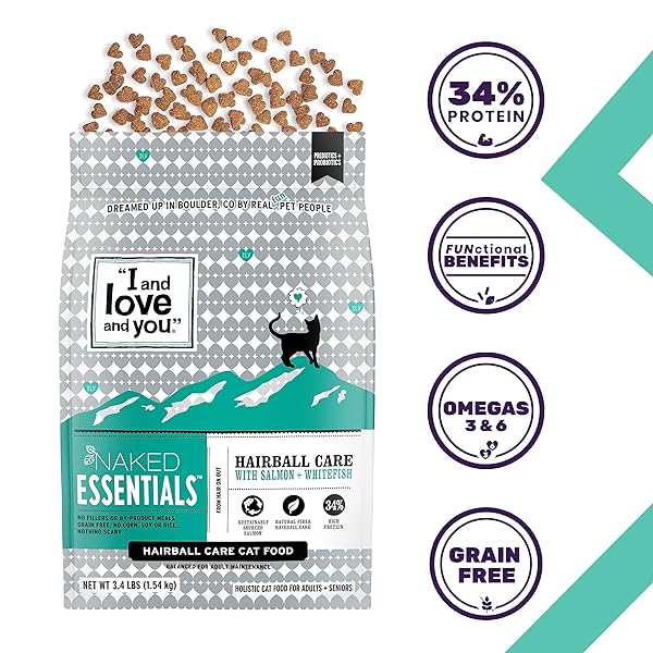 I AND LOVE AND YOU NAKED ESSENTIALS DRY CAT FOOD – SALMON + WHITEFISH FOR HAIRBALL CARE – GRAIN FREE, REAL MEAT, NO FILLERS, 3.4LB BAG