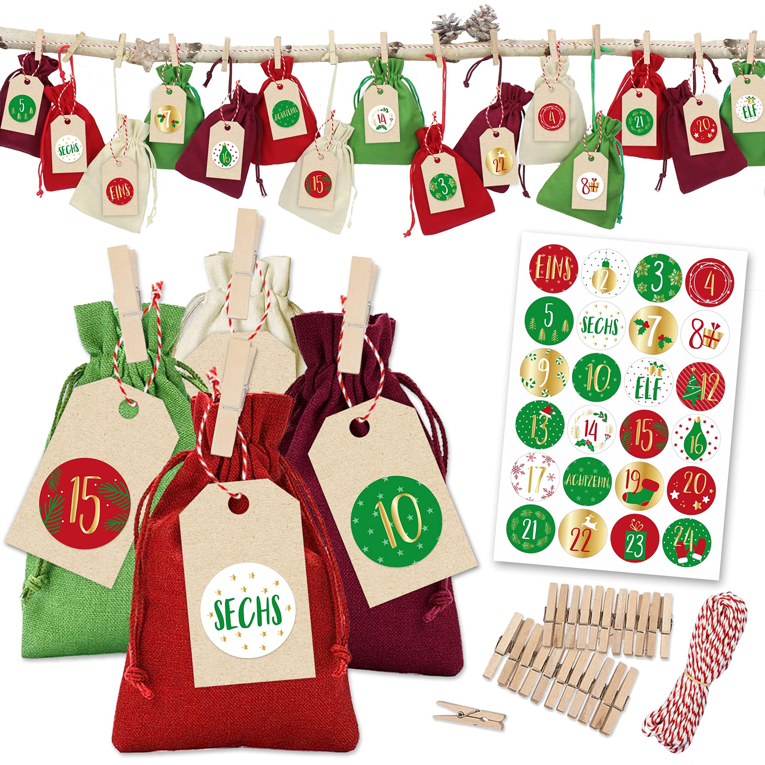 Papierdrachen Advent Calendar 2025 for Filling – 24 Fabric Bags in Red/Green/White – Includes Clips, Cord & Stickers – for Decorating & Crafts