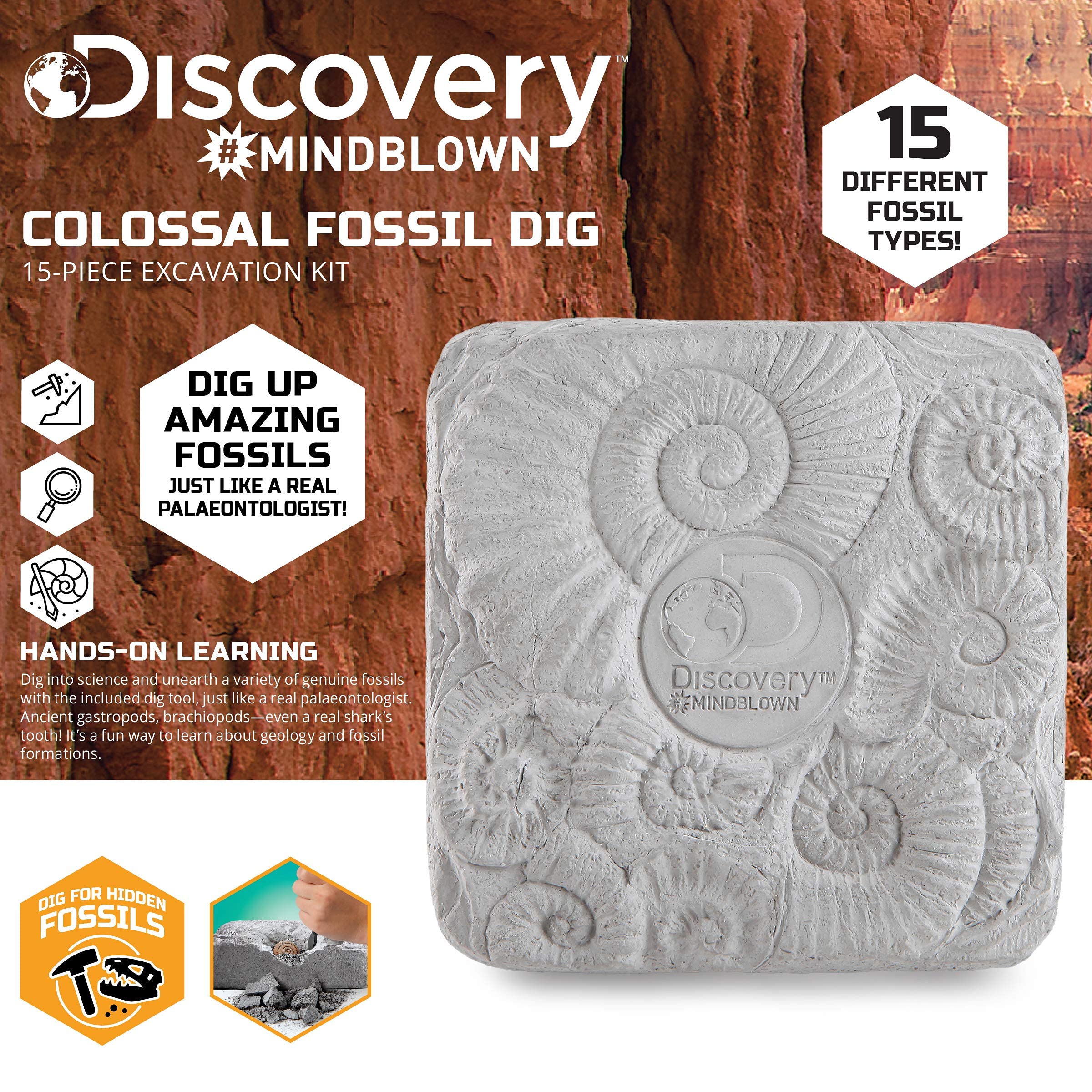 Discovery #MINDBLOWN Colossal Fossil Dig Set, 15-Piece Archaeology Excavation Kit, Uncover Real Shark Teeth & More, Every Fossil Set is Unique, STEM Toys for Boys and Girls