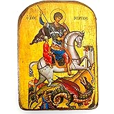 Iconsgr Wooden Greek Christian Orthodox Wood Icon of Saint George Riding His Horse and Slaying the Beast / MP2