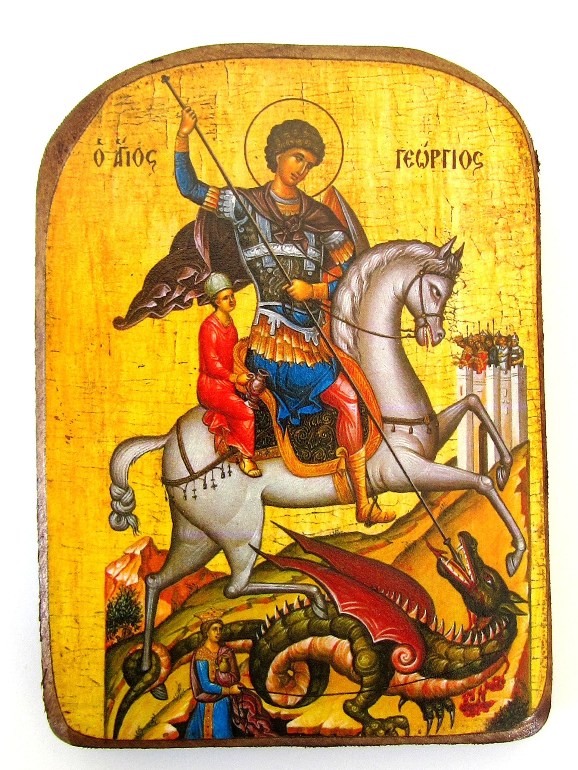 Iconsgr Wooden Greek Christian Orthodox Wood Icon of Saint George Riding His Horse and Slaying the Beast / MP2