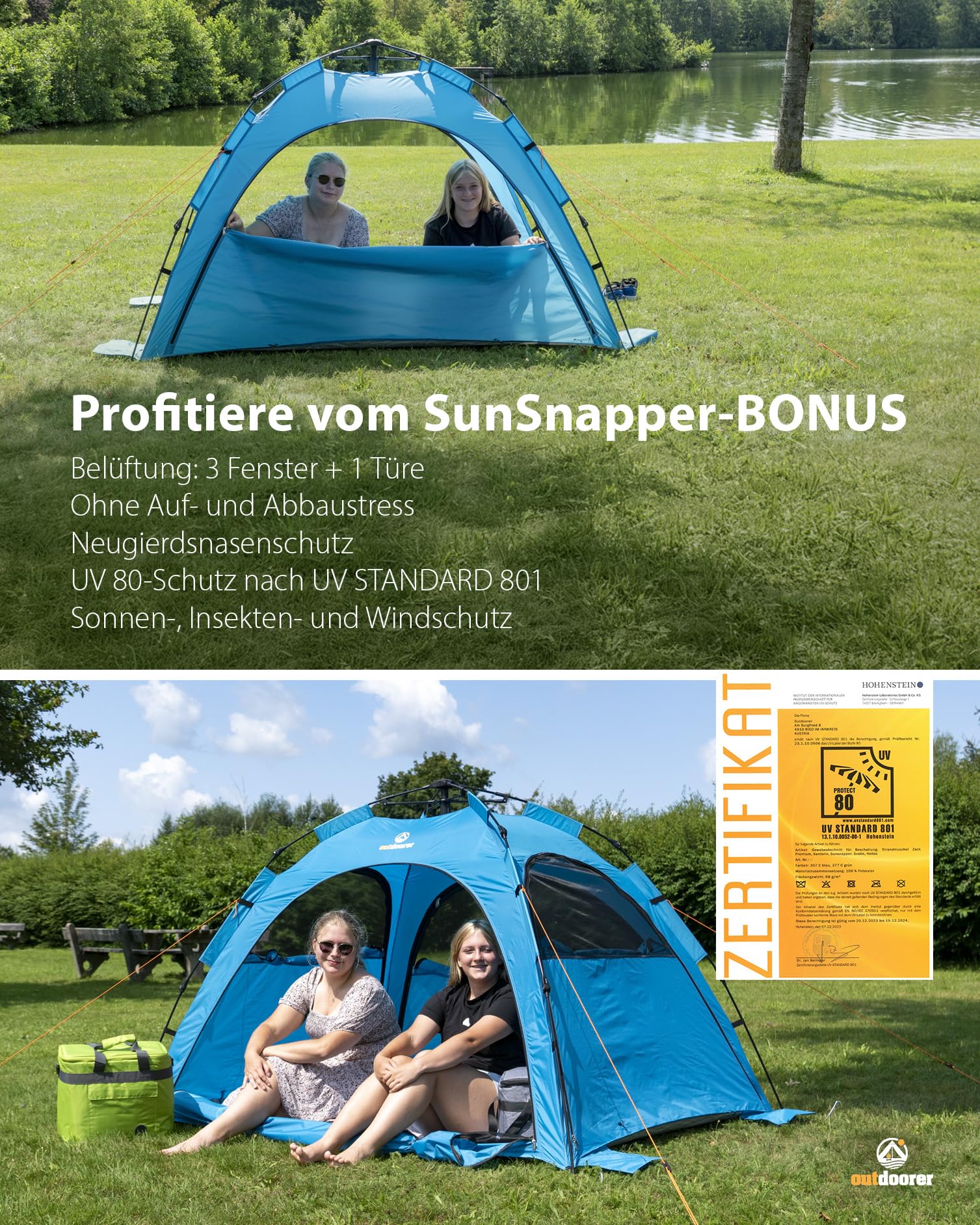 outdoorer Sun Snapper Air - UV 80 Quick-up-Strandmuschel mit 4 Türen und 3 Fenster, Schnellaufbau BZW. Automatik-Strandzelt, verschließbar, mit UV-Schutz 80, Sichtschutz und Insektenschutz 6