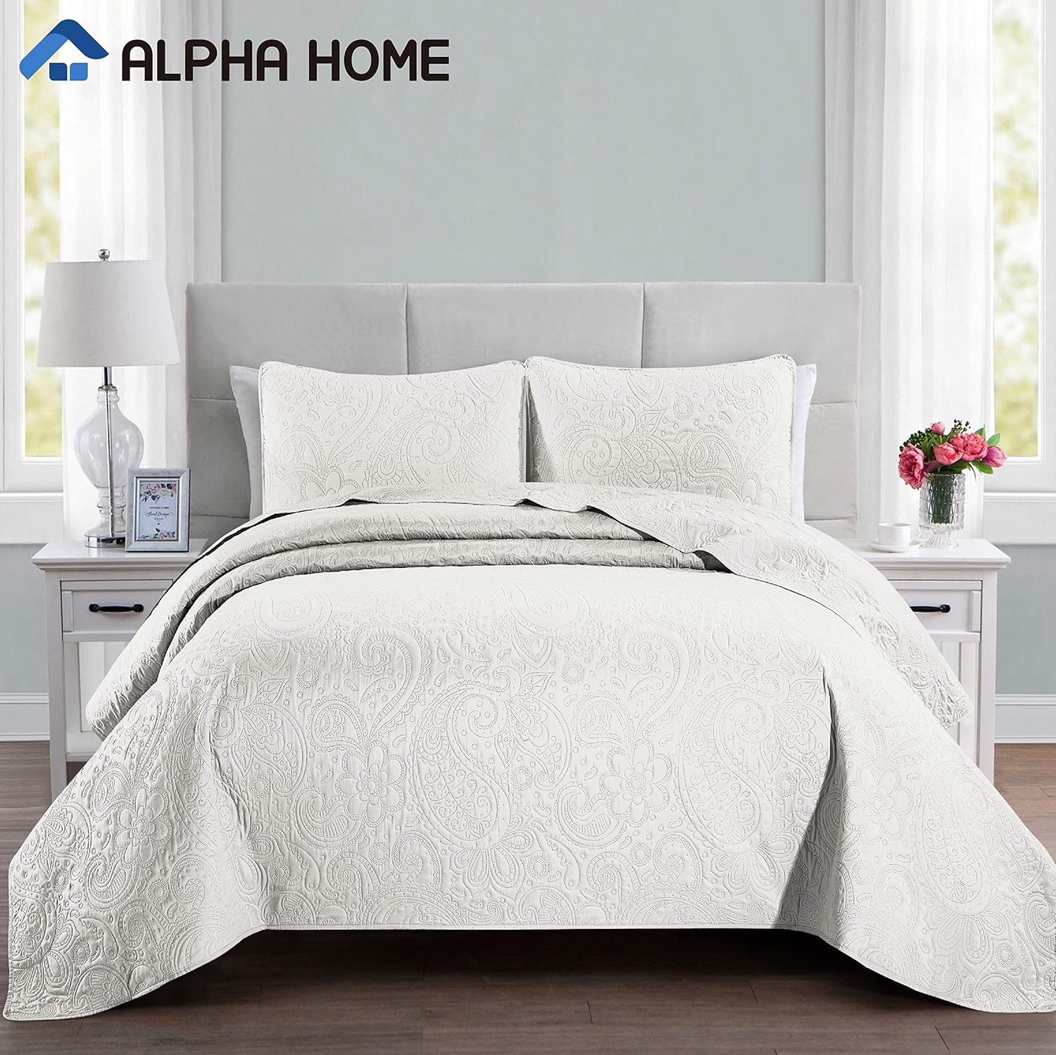 ALPHA HOME 2-Piece Lightweight Bedspread Set, Comforter Bedding Quilt Set, Twin Size, Ivory: Home & Kitchen