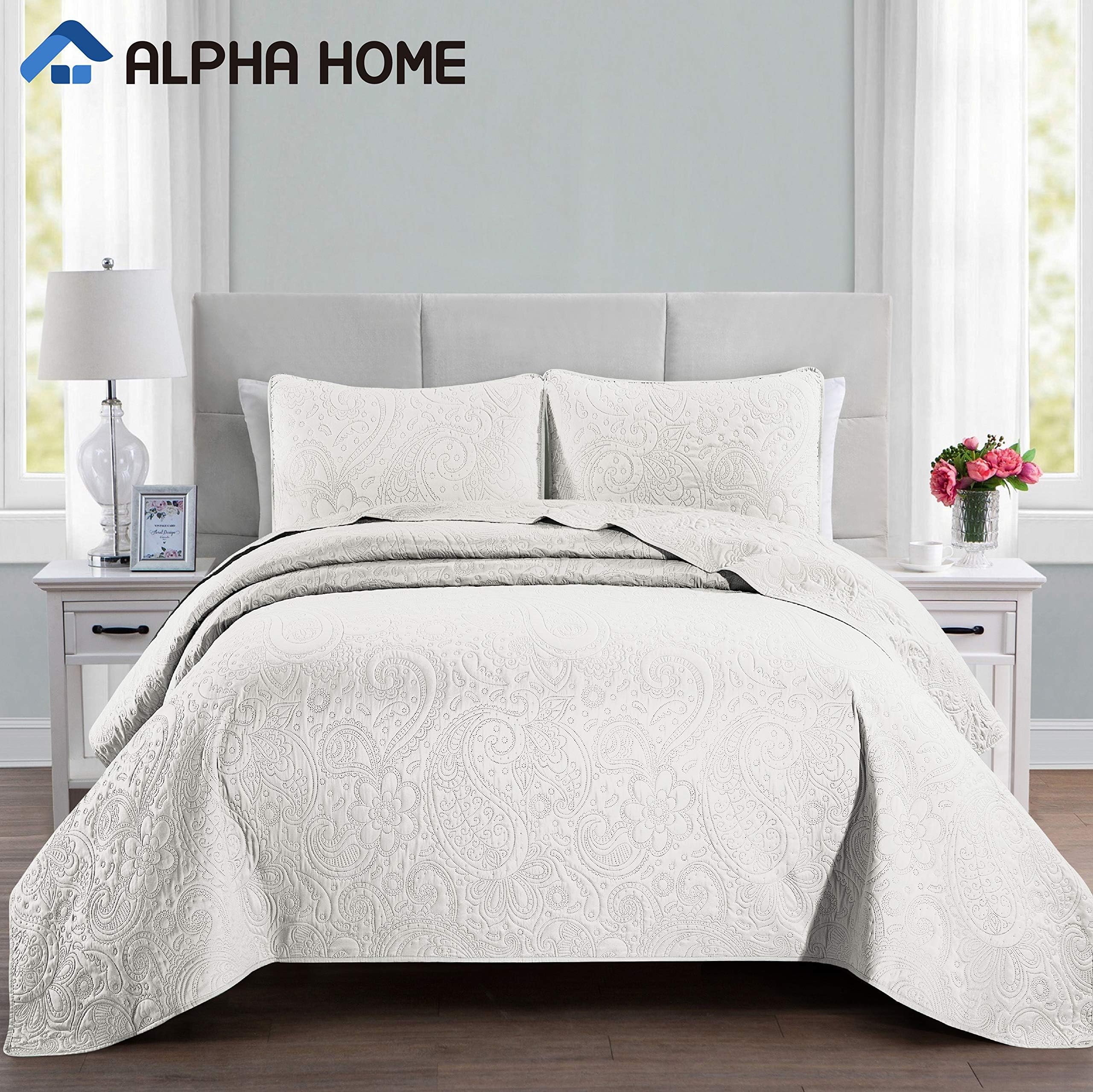 ALPHA HOME 3-Piece Bed Quilt Lightweight Bedspread Set Twin Size 68" x 90", 1 Embossing Bedspread, 1 Pillow case 20" x 26", Machine Washable Bed Quilt Comforter Bedding Set Duvet Cover, Ivory