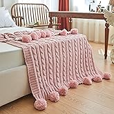 Chenille Chunky Knitted Throw Blanket with 14 pcs Pom Poms Tassel Super Soft Cozy Warm Blanket for Sofa Bed Soft Couch 50 x60 inches (Pink)?-¡­