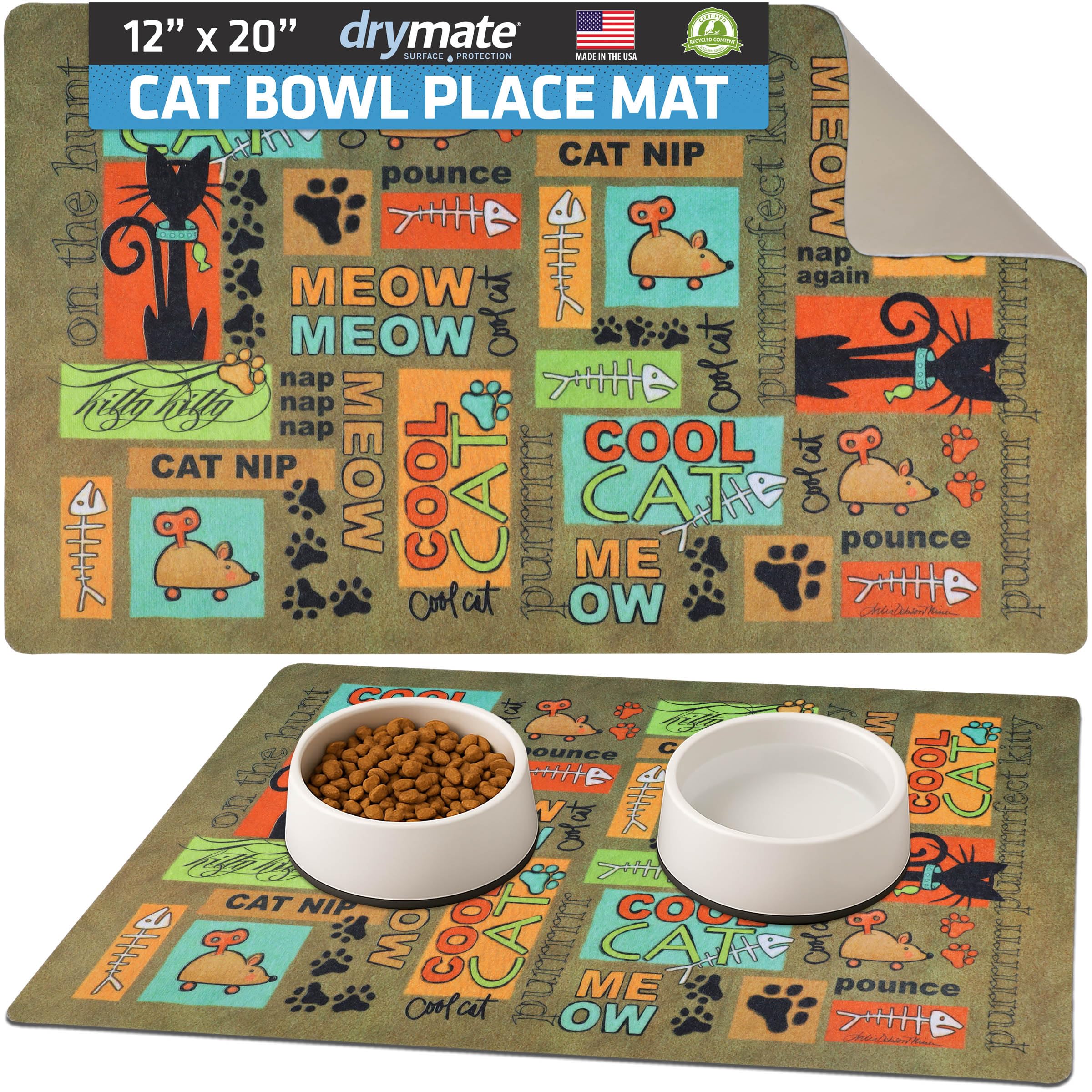 Drymate Cat Bowl Placemat, Pet Food Feeding Mat - Absorbent Fabric, Waterproof Backing, Slip-Resistant - Machine Washable/Durable (USA Made) (12” x 20”) (Cool Cat Brown)