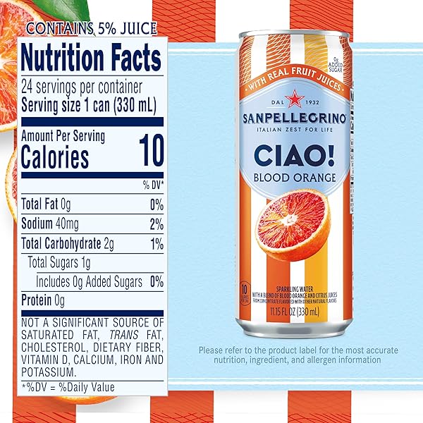 SANPELLEGRINO CIAO BLOOD ORANGE SPARKLING WATER, LOW-CALORIE ITALIAN SPARKLING WATER WITH REAL FRUIT JUICES, 0G ADDED SUGAR, 24-PACK
