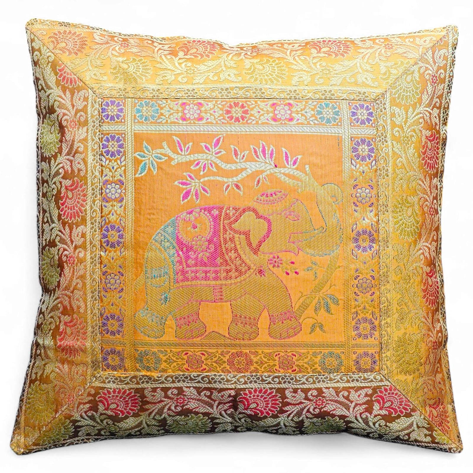 Original Kikan Indian Elephant Mandala Silk Cushion Covers Sari Brocade Boho Home Decor Cushion- Pillow Cases 16”x16” Zip Closure Banarsi | Ethnic - Handmade - Patchwork (Canary Gold)